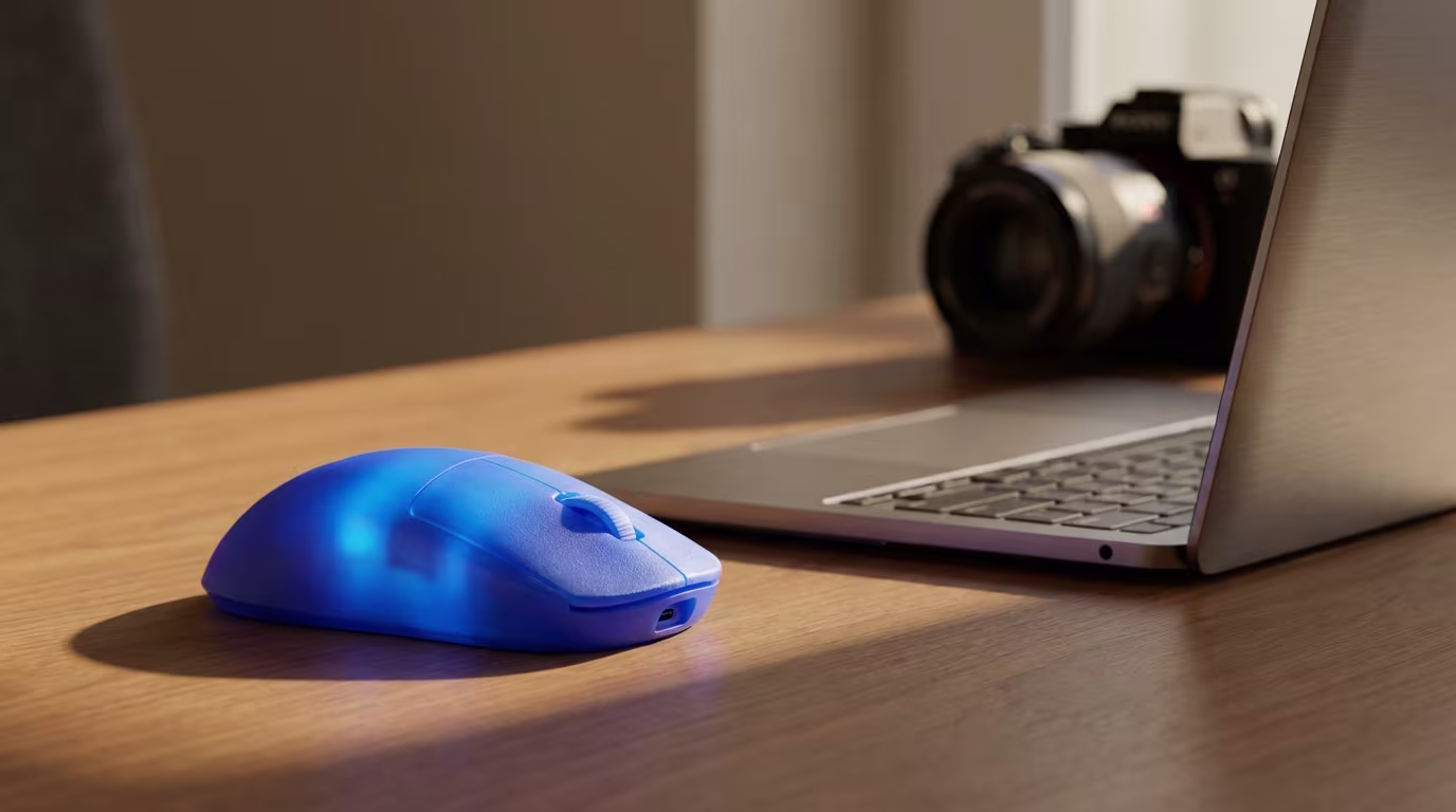 Eine leuchtend blaue Computermaus liegt auf einem Holzschreibtisch neben einem geöffneten Laptop. Im unscharfen Hintergrund ist eine Kamera zu sehen, was einen modernen Arbeitsplatz darstellt.