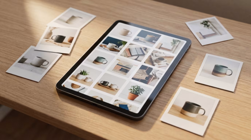 Ein Tablet auf einem Holztisch zeigt eine Galerie von Bildern mit handgefertigten Tassen, Pflanzen und Wohnaccessoires, umgeben von verstreuten Sofortbildern ähnlicher Motive.