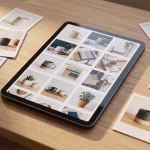 Ein Tablet auf einem Holztisch zeigt eine Galerie von Bildern mit handgefertigten Tassen, Pflanzen und Wohnaccessoires, umgeben von verstreuten Sofortbildern ähnlicher Motive.