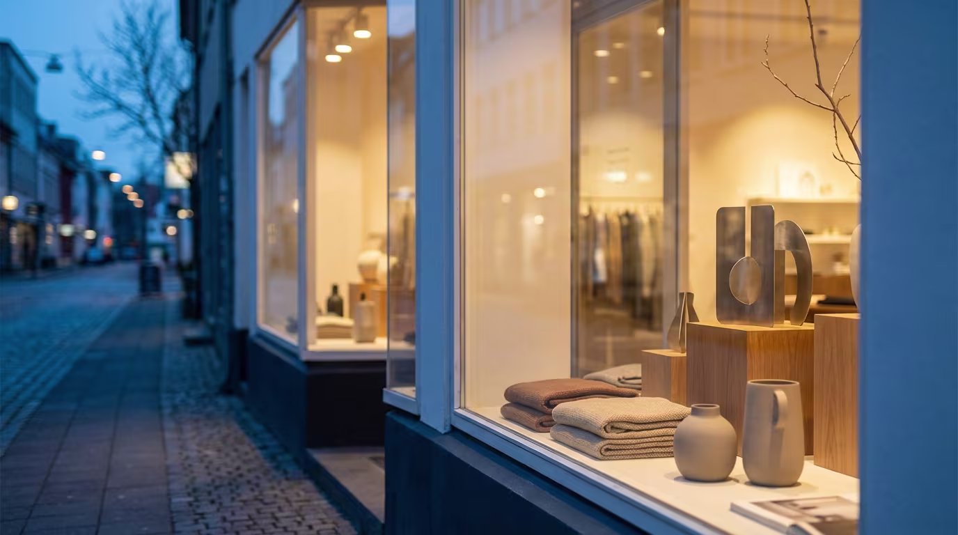 Beleuchtetes Schaufenster eines Geschäfts am Abend mit gefalteten Textilien, modernen Vasen und Skulpturen, im Hintergrund eine unscharfe Stadtstraße.
