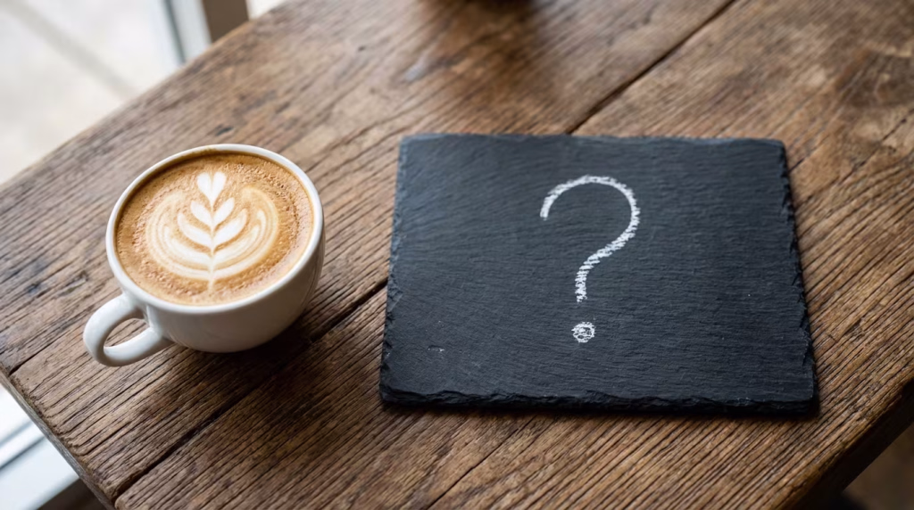 Eine Tasse Kaffee mit einem kunstvollen Blattmuster im Milchschaum steht neben einer schwarzen Schiefertafel mit einem großen, mit Kreide gezeichneten Fragezeichen auf einem rustikalen Holztisch.