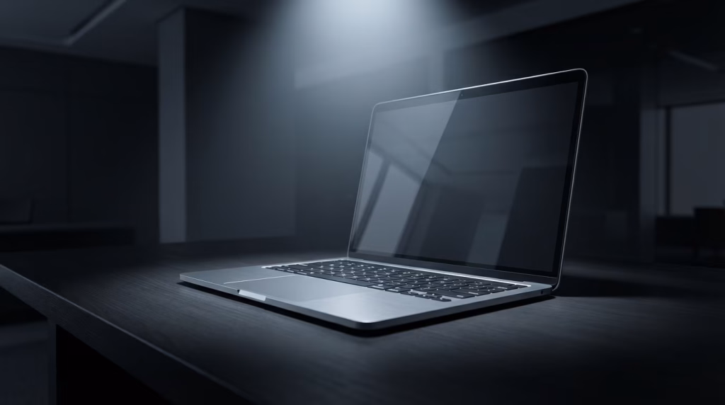 Ein modernes Laptop auf einem dunklen Schreibtisch, beleuchtet von einem Lichtkegel, der seine zentrale Rolle hervorhebt.
