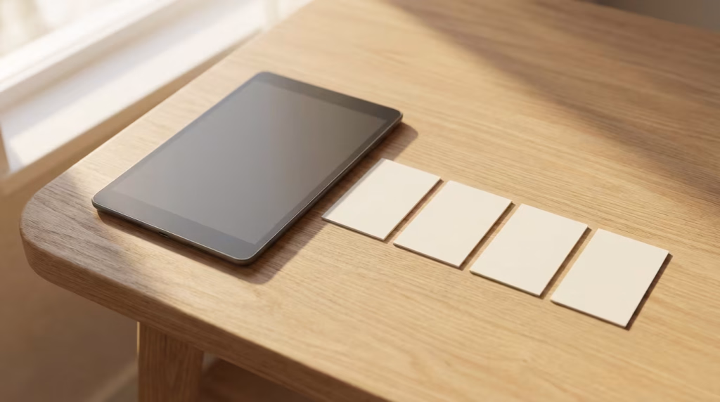 **Vorgeschlagener Text:** In einer zunehmend digitalen Welt finden wir oft Inspiration und Effizienz in der Kombination von Technologie und traditionellen Methoden. Dieses Bild fängt genau diese Synergie ein: ein modernes Tablet neben einer Reihe von leeren Karten, die bereit für Ideen, Notizen oder Designkonzepte sind. Es erinnert uns daran, dass die besten Lösungen oft entstehen, wenn wir das Beste aus beiden Welten nutzen – die unendlichen Möglichkeiten der digitalen Welt und die greifbare Klarheit physischer Hilfsmittel. Ob für Projektplanung, kreatives Brainstorming oder die Gestaltung von Moodboards, die Vereinigung von digitaler Präzision und analoger Flexibilität kann Ihren Arbeitsablauf revolutionieren. **Alternativtext:** Ein Tablet mit dunklem Bildschirm und vier leere weiße Karten liegen auf einem hellen Holztisch, der teilweise von Sonnenlicht beleuchtet wird.