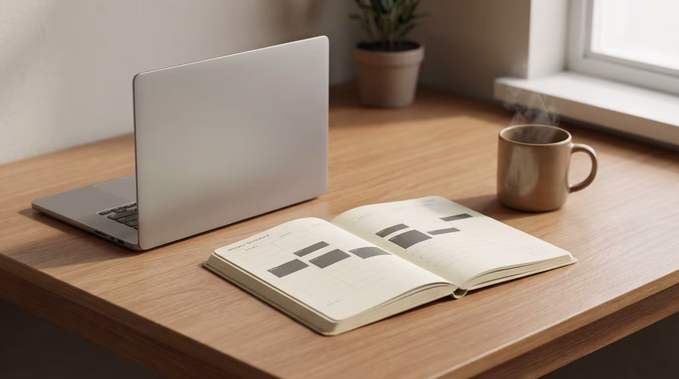 Ein aufgeschlagener Planer, ein Laptop und eine dampfende Tasse auf einem Schreibtisch.