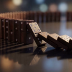 Reihe von Holzdominosteinen, die in einer Kurve umfallen und eine Kettenreaktion zeigen.