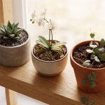Drei Topfpflanzen auf einem Holzregal vor einem Fenster: ein Sukkulent in einem grauen Topf, eine weiße Orchidee in einem hellen Keramiktopf und eine String of Hearts Pflanze in einem Terrakottatopf.