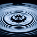 Ein Wassertropfen erzeugt konzentrische Wellen auf einer dunklen Wasseroberfläche.