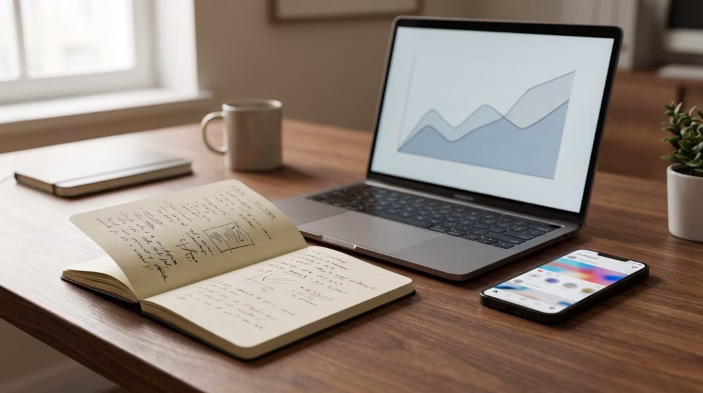 Ein produktiver Arbeitsplatz mit einem offenen Notizbuch voller Notizen, einem Laptop, der eine Grafik zeigt, und einem Smartphone mit einem Social-Media-Feed.