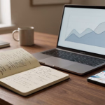 Ein produktiver Arbeitsplatz mit einem offenen Notizbuch voller Notizen, einem Laptop, der eine Grafik zeigt, und einem Smartphone mit einem Social-Media-Feed.