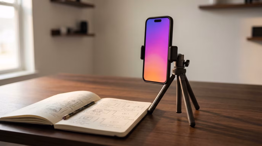Ein Smartphone auf einem Stativ steht auf einem hölzernen Schreibtisch neben einem aufgeschlagenen Notizbuch. Im Notizbuch sind Skizzen und handschriftliche Notizen zu sehen, und ein Bleistift liegt darauf. Der Bildschirm des Smartphones zeigt einen lebendigen Farbverlauf von Lila zu Orange. Der Hintergrund ist unscharf und zeigt ein Fenster und Regale. Das Bild illustriert einen modernen Arbeitsplatz, der für kreative Planung, digitale Inhaltserstellung oder Online-Kommunikation genutzt wird, indem es traditionelle Notizen mit digitalen Werkzeugen kombiniert. **Alternativtext:** Ein Smartphone auf einem Stativ steht auf einem Holztisch neben einem aufgeschlagenen Skizzenbuch mit einem Bleistift. Der Bildschirm des Telefons zeigt einen Farbverlauf von Lila zu Orange und suggeriert eine Vorbereitung auf Videoproduktion oder Online-Kommunikation.