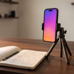 Ein Smartphone auf einem Stativ steht auf einem hölzernen Schreibtisch neben einem aufgeschlagenen Notizbuch. Im Notizbuch sind Skizzen und handschriftliche Notizen zu sehen, und ein Bleistift liegt darauf. Der Bildschirm des Smartphones zeigt einen lebendigen Farbverlauf von Lila zu Orange. Der Hintergrund ist unscharf und zeigt ein Fenster und Regale. Das Bild illustriert einen modernen Arbeitsplatz, der für kreative Planung, digitale Inhaltserstellung oder Online-Kommunikation genutzt wird, indem es traditionelle Notizen mit digitalen Werkzeugen kombiniert. **Alternativtext:** Ein Smartphone auf einem Stativ steht auf einem Holztisch neben einem aufgeschlagenen Skizzenbuch mit einem Bleistift. Der Bildschirm des Telefons zeigt einen Farbverlauf von Lila zu Orange und suggeriert eine Vorbereitung auf Videoproduktion oder Online-Kommunikation.