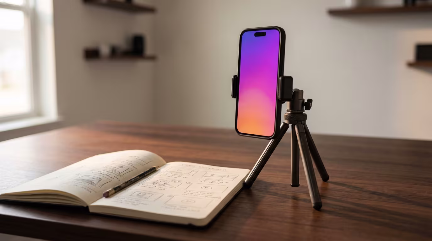 Ein Smartphone auf einem Stativ steht auf einem hölzernen Schreibtisch neben einem aufgeschlagenen Notizbuch. Im Notizbuch sind Skizzen und handschriftliche Notizen zu sehen, und ein Bleistift liegt darauf. Der Bildschirm des Smartphones zeigt einen lebendigen Farbverlauf von Lila zu Orange. Der Hintergrund ist unscharf und zeigt ein Fenster und Regale. Das Bild illustriert einen modernen Arbeitsplatz, der für kreative Planung, digitale Inhaltserstellung oder Online-Kommunikation genutzt wird, indem es traditionelle Notizen mit digitalen Werkzeugen kombiniert. **Alternativtext:** Ein Smartphone auf einem Stativ steht auf einem Holztisch neben einem aufgeschlagenen Skizzenbuch mit einem Bleistift. Der Bildschirm des Telefons zeigt einen Farbverlauf von Lila zu Orange und suggeriert eine Vorbereitung auf Videoproduktion oder Online-Kommunikation.