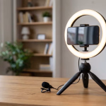 Ein Smartphone ist in einem leuchtenden Ringlicht auf einem Stativ befestigt und steht auf einem Holztisch, daneben liegt ein Ansteckmikrofon. Im unscharfen Hintergrund sind ein Fenster mit Pflanzen und ein Bücherregal zu sehen.