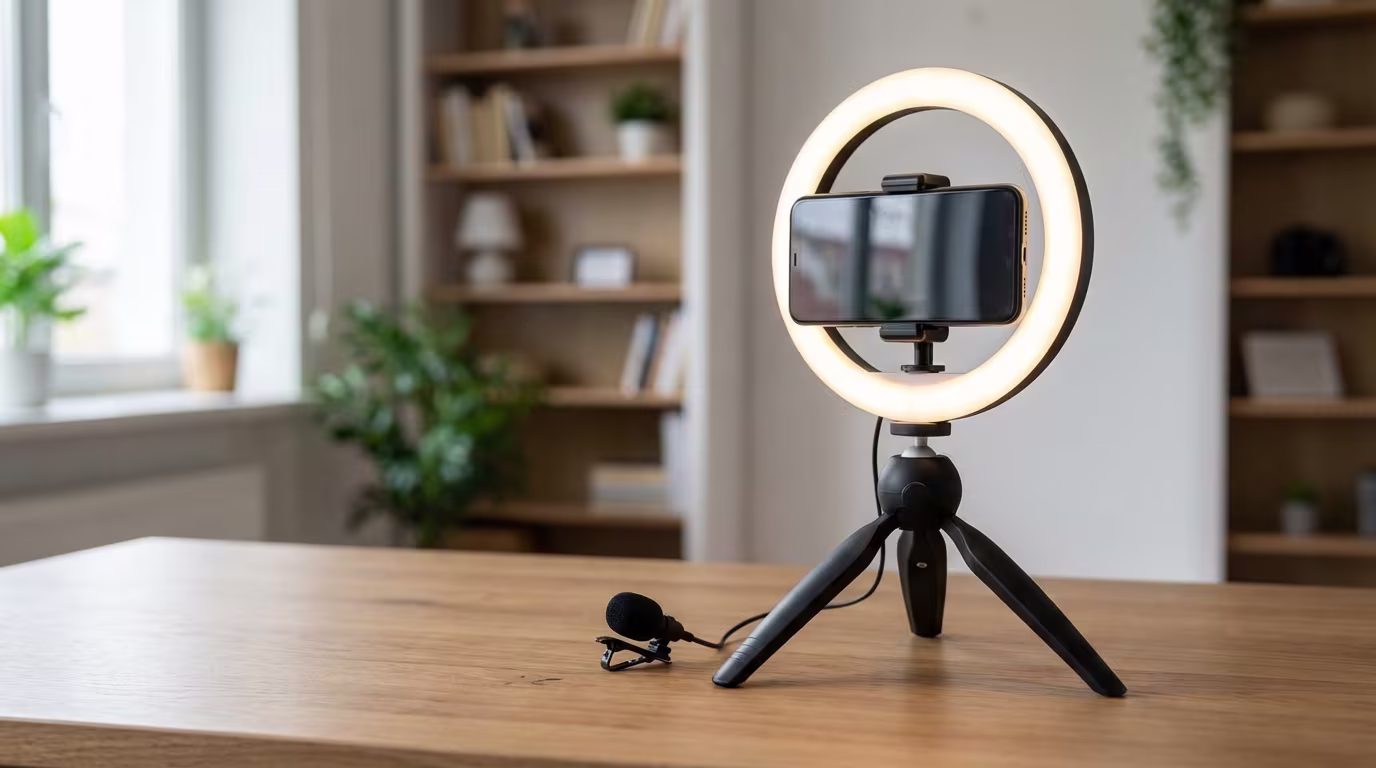 Ein Smartphone ist in einem leuchtenden Ringlicht auf einem Stativ befestigt und steht auf einem Holztisch, daneben liegt ein Ansteckmikrofon. Im unscharfen Hintergrund sind ein Fenster mit Pflanzen und ein Bücherregal zu sehen.