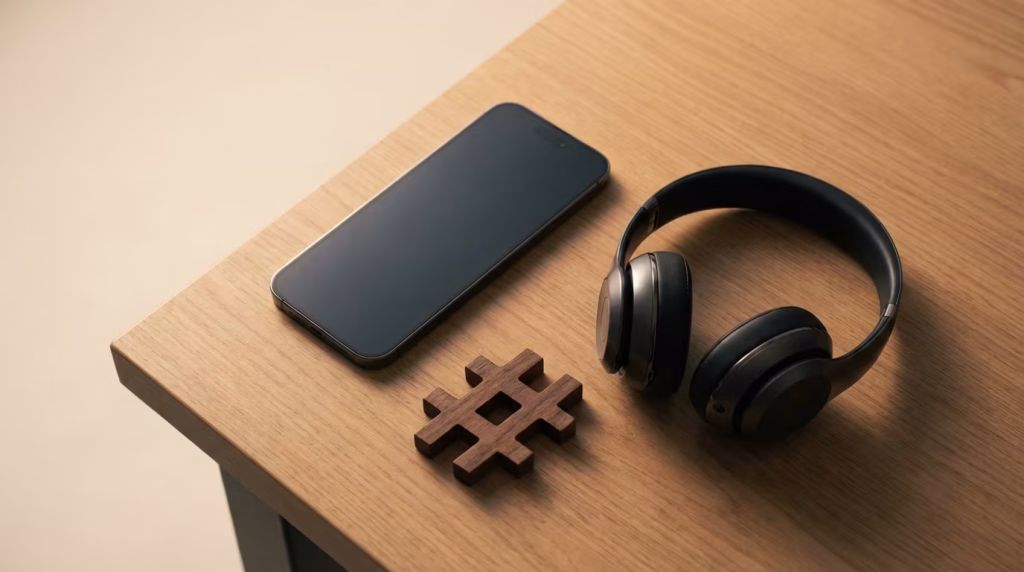 Smartphone, Kopfhörer und ein Hashtag-Symbol aus Holz auf einem Holztisch.