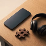 Smartphone, Kopfhörer und ein Hashtag-Symbol aus Holz auf einem Holztisch.