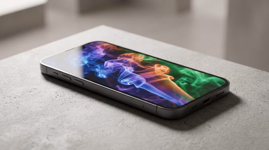 Ein modernes Smartphone liegt auf einer hellgrauen Oberfläche und zeigt auf seinem Bildschirm ein lebhaftes, abstraktes Rauchbild in Blau-, Lila-, Orange- und Grüntönen.