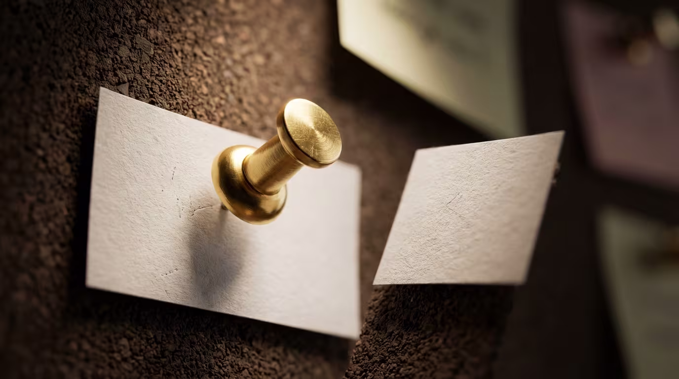 Ein goldener Reißzwecke befestigt ein zerissenes, beiges Blatt Papier an einer Korkwand, mit einem zweiten Stück des Papiers daneben."