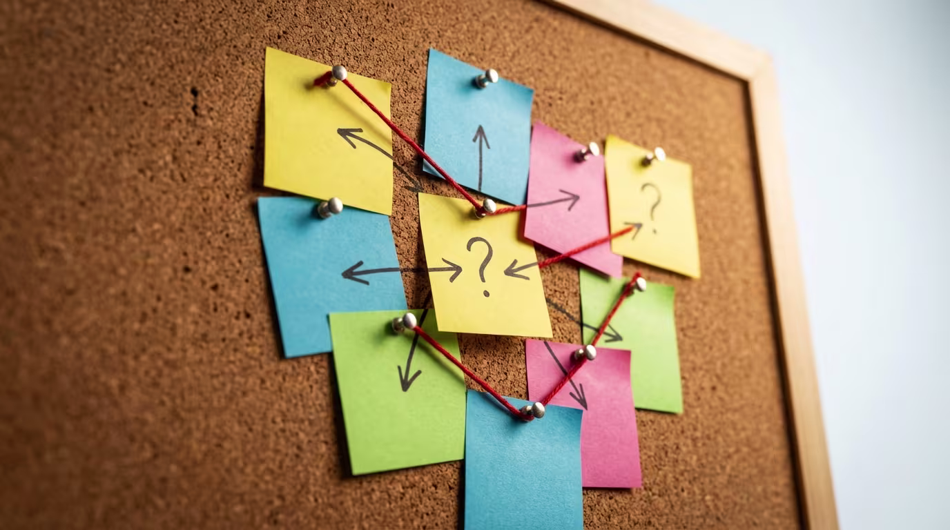 Korktafel mit bunten Haftnotizen, die mit Reißnägeln und rotem Faden verbunden sind, um ein Netzwerk aus Ideen und Entscheidungswegen mit zentralen Fragen oder Problemen darzustellen.