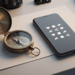 Ein geöffneter Kompass liegt neben einem Smartphone, dessen Bildschirm leuchtende Social-Media-Symbole wie Herzen und Teilen anzeigt, um die Navigation in der digitalen Welt zu symbolisieren.