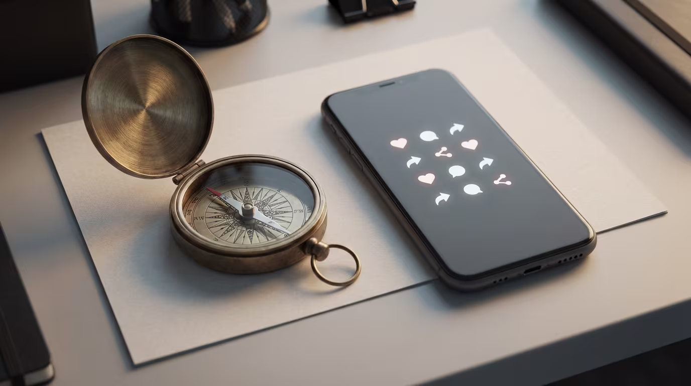 Ein geöffneter Kompass liegt neben einem Smartphone, dessen Bildschirm leuchtende Social-Media-Symbole wie Herzen und Teilen anzeigt, um die Navigation in der digitalen Welt zu symbolisieren.