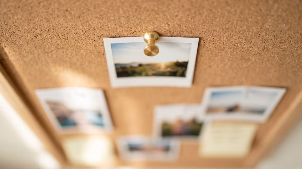 Korktafel mit mehreren Fotos und Notizen, im Vordergrund scharf fokussiert ein Foto einer Landschaft bei Sonnenuntergang.