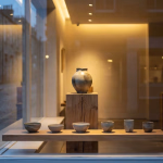 Schaufensterauslage mit handgefertigter Keramik: eine große Vase auf einem Holzblock und mehrere Schalen auf einer Holzablage, mit Spiegelungen einer Kopfsteinpflasterstraße.