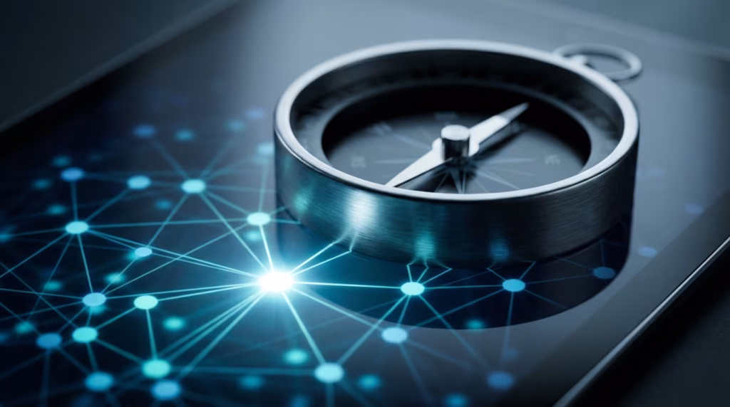 Alternativtext: Ein Kompass liegt auf dem Bildschirm eines Tablets, der ein leuchtendes digitales Netzwerk aus verbundenen blauen Punkten zeigt.