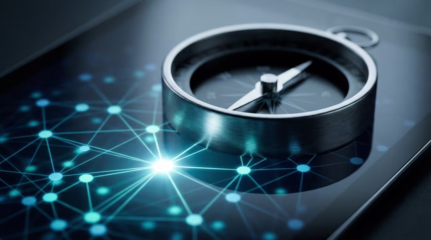 Alternativtext: Ein Kompass liegt auf dem Bildschirm eines Tablets, der ein leuchtendes digitales Netzwerk aus verbundenen blauen Punkten zeigt.