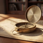 Antiker Messingkompass auf einer alten Weltkarte auf einem sonnenbeschienenen Holztisch.