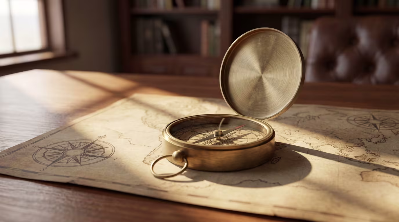 Antiker Messingkompass auf einer alten Weltkarte auf einem sonnenbeschienenen Holztisch.