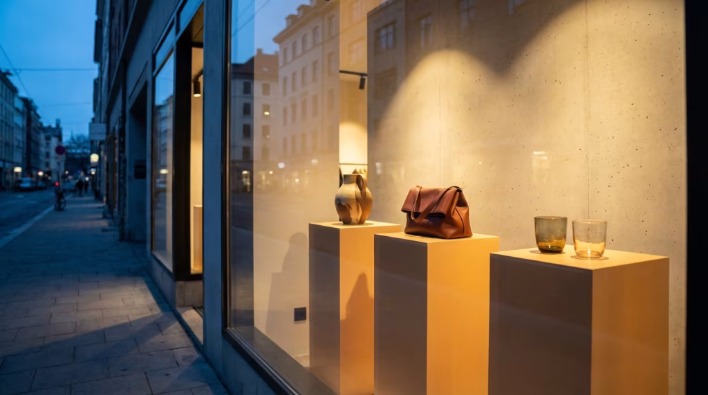 Die Dämmerung hüllt die Stadt in ein kühles Blau, während ein hell erleuchtetes Schaufenster einen warmen Kontrast bildet. Von einem dunklen Bürgersteig aus blickt man auf die Auslage eines Ladens, dessen Glasfront die Reflexionen der gegenüberliegenden Gebäude einfängt. Im Inneren präsentieren sich auf drei erhöhten, golden leuchtenden Podesten ausgewählte Objekte: eine kunstvolle, rustikale Vase, eine elegante braune Ledertasche und zwei schlichte Trinkgläser. Das sanfte Licht im Schaufenster hebt die Produkte hervor und lädt zum Verweilen ein, während das urbane Leben draußen in der Unschärfe verschwimmt. **Alternativtext:** Schaufenster eines Ladens in der Dämmerung, das einen Krug, eine braune Ledertasche und zwei Gläser auf hell beleuchteten Podesten zeigt.
