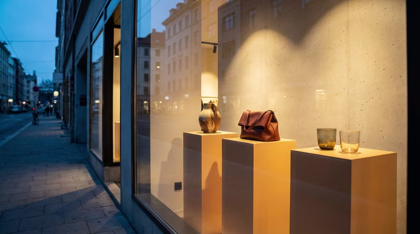 Die Dämmerung hüllt die Stadt in ein kühles Blau, während ein hell erleuchtetes Schaufenster einen warmen Kontrast bildet. Von einem dunklen Bürgersteig aus blickt man auf die Auslage eines Ladens, dessen Glasfront die Reflexionen der gegenüberliegenden Gebäude einfängt. Im Inneren präsentieren sich auf drei erhöhten, golden leuchtenden Podesten ausgewählte Objekte: eine kunstvolle, rustikale Vase, eine elegante braune Ledertasche und zwei schlichte Trinkgläser. Das sanfte Licht im Schaufenster hebt die Produkte hervor und lädt zum Verweilen ein, während das urbane Leben draußen in der Unschärfe verschwimmt. **Alternativtext:** Schaufenster eines Ladens in der Dämmerung, das einen Krug, eine braune Ledertasche und zwei Gläser auf hell beleuchteten Podesten zeigt.