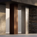 Vier Säulen mit unterschiedlichen Texturen – grober Beton, dunkles Holz, helles Holz und Naturstein – tragen eine dunkle Platte, beleuchtet von der Seite.