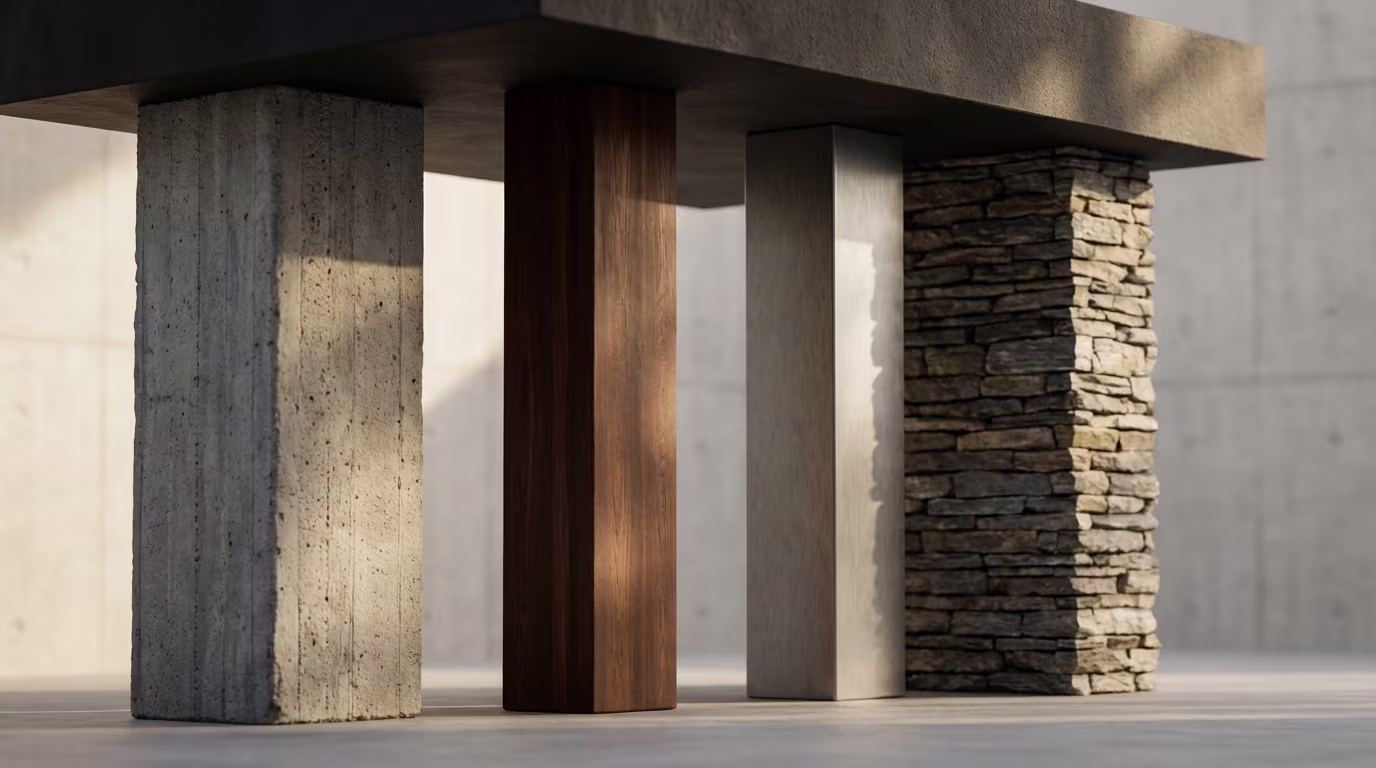 Vier Säulen mit unterschiedlichen Texturen – grober Beton, dunkles Holz, helles Holz und Naturstein – tragen eine dunkle Platte, beleuchtet von der Seite.