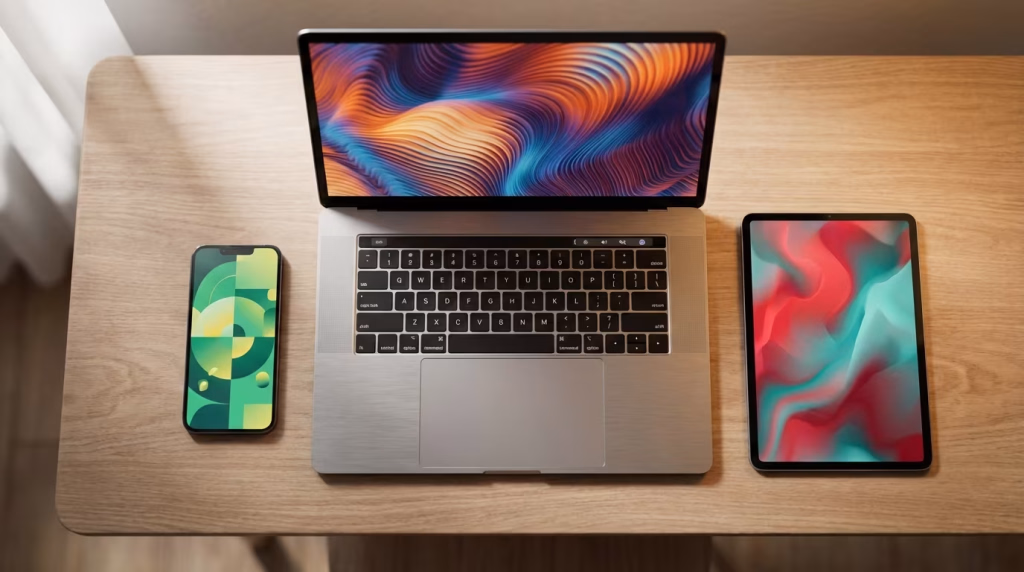 Laptop, Smartphone und Tablet mit farbenfrohen Bildschirmen auf einem Holztisch platziert.