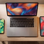 Laptop, Smartphone und Tablet mit farbenfrohen Bildschirmen auf einem Holztisch platziert.