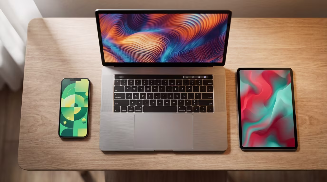 Laptop, Smartphone und Tablet mit farbenfrohen Bildschirmen auf einem Holztisch platziert.