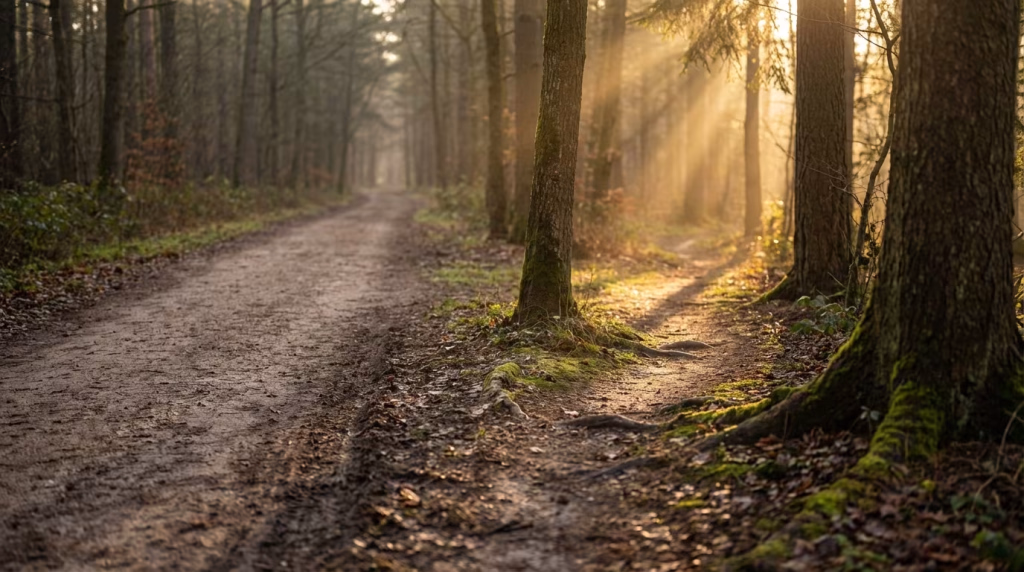 Ein Waldweg führt durch einen lichten Wald, während goldene Sonnenstrahlen durch die Baumkronen brechen und lange Schatten auf den moosbewachsenen Waldboden werfen.