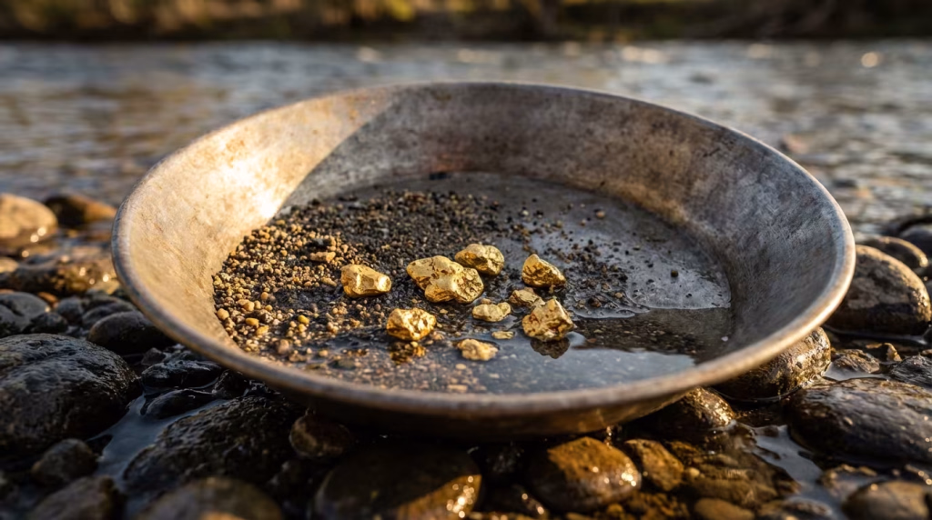 Eine Goldpfanne mit mehreren Goldnuggets und Kies am Ufer eines Flusses.