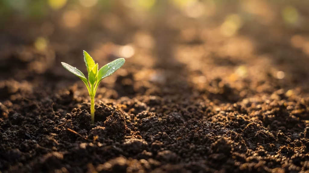 Eine junge grüne Pflanze sprießt aus dunkler Erde, beleuchtet von warmem Sonnenlicht.