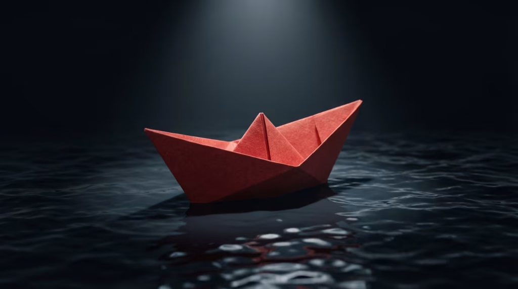 Ein leuchtend rotes Papierboot schwimmt auf dunklem, welligem Wasser, von einem Lichtstrahl von oben erhellt.