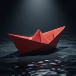 Ein leuchtend rotes Papierboot schwimmt auf dunklem, welligem Wasser, von einem Lichtstrahl von oben erhellt.