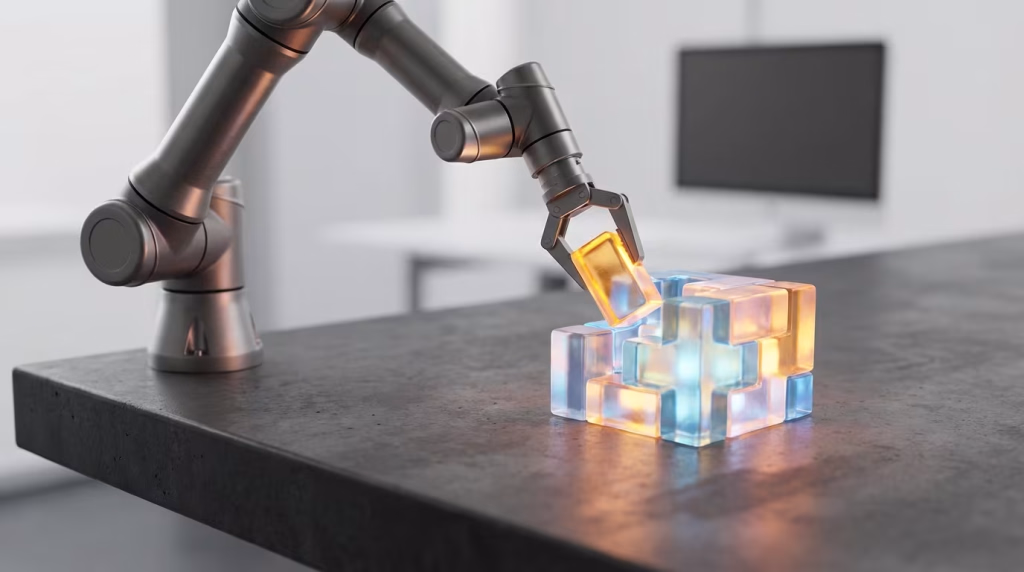 Ein Roboterarm platziert einen leuchtend orangefarbenen, durchsichtigen Baustein auf eine Struktur aus leuchtend blauen und orangefarbenen, durchsichtigen Blöcken, die auf einer dunklen Oberfläche stehen.