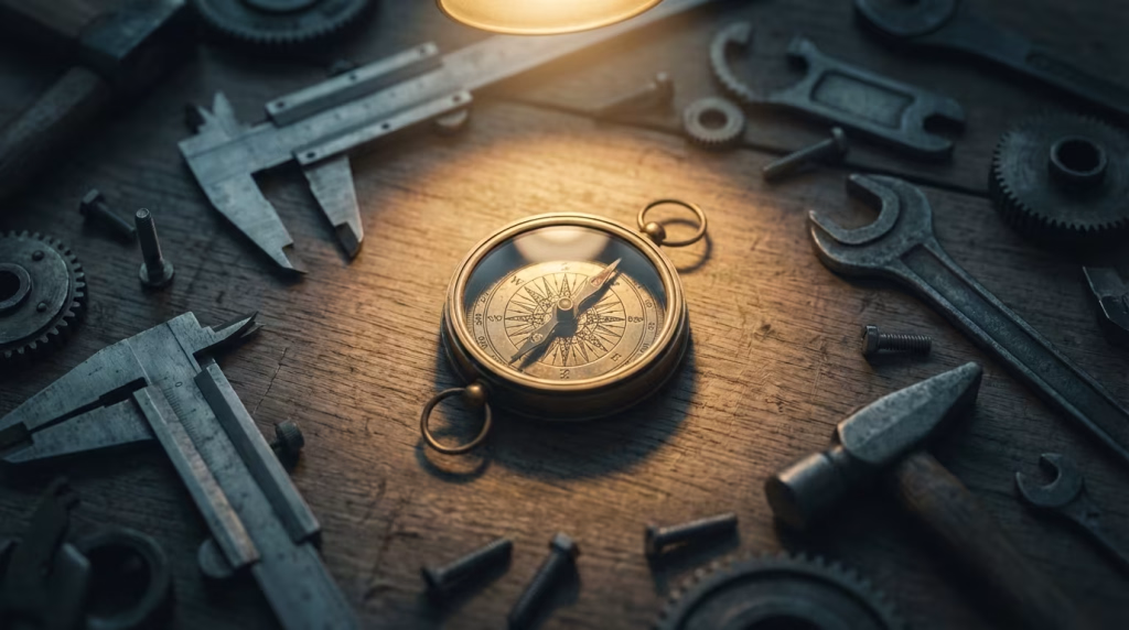Eine goldene Kompassuhr liegt im Zentrum, umgeben von verschiedenen Werkzeugen wie Messschiebern, Schraubenschlüsseln und Zahnrädern auf einer hölzernen Oberfläche, beleuchtet von einem warmen Licht.