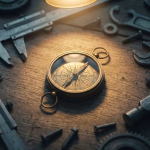 Eine goldene Kompassuhr liegt im Zentrum, umgeben von verschiedenen Werkzeugen wie Messschiebern, Schraubenschlüsseln und Zahnrädern auf einer hölzernen Oberfläche, beleuchtet von einem warmen Licht.