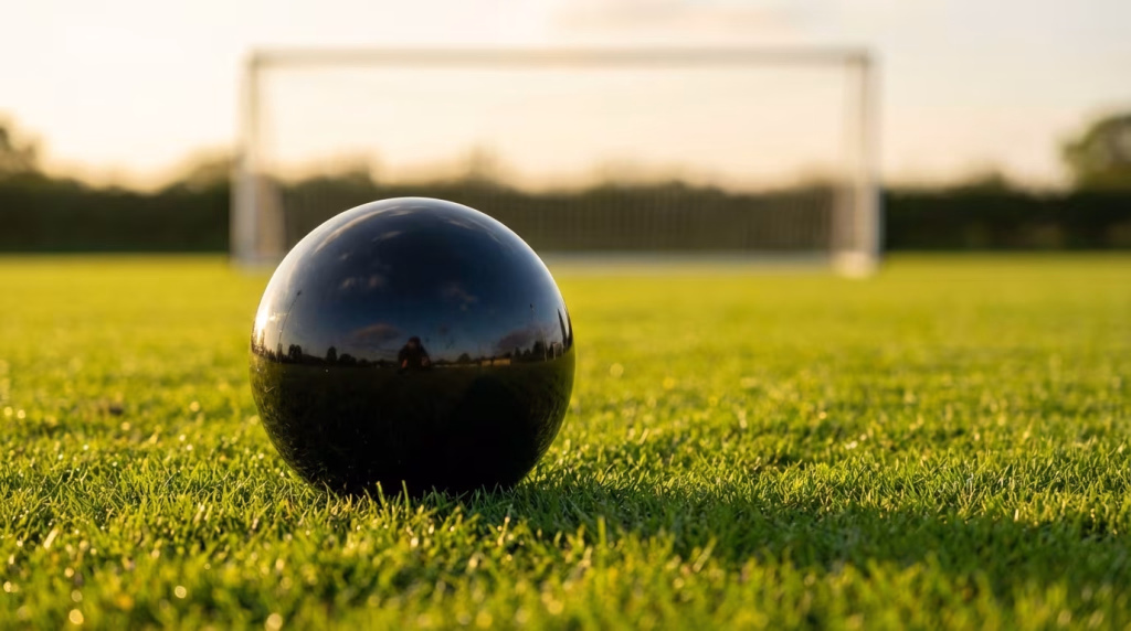 Eine glänzende, dunkle Kugel liegt auf einem grünen Rasenfeld, im Hintergrund ein unscharfes Fußballtor im warmen Sonnenlicht.