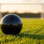 Eine glänzende, dunkle Kugel liegt auf einem grünen Rasenfeld, im Hintergrund ein unscharfes Fußballtor im warmen Sonnenlicht.