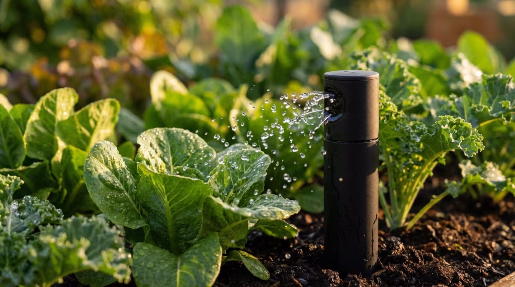 **Vorgeschlagener Text:** Ein intelligenter Bewässerungssprinkler versorgt in einem sonnigen Garten frische Blattsalate und Grünkohl mit Wassertropfen. Das Bild fängt den Moment ein, wie das Wasser präzise auf die saftig grünen Blätter trifft und die Pflanzen optimal mit Feuchtigkeit versorgt werden, was eine effiziente und smarte Gartenpflege symbolisiert. **Alternativtext:** Ein schwarzer, zylindrischer Bewässerungssprinkler sprüht Wasser auf saftig grüne Salatblätter und Grünkohl, die von zahlreichen Wassertropfen benetzt sind, in einem sonnigen Gemüsebeet.