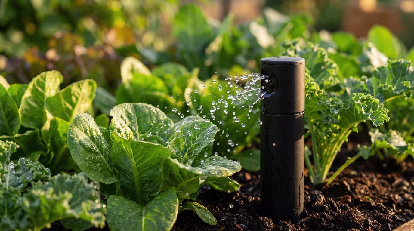 **Vorgeschlagener Text:** Ein intelligenter Bewässerungssprinkler versorgt in einem sonnigen Garten frische Blattsalate und Grünkohl mit Wassertropfen. Das Bild fängt den Moment ein, wie das Wasser präzise auf die saftig grünen Blätter trifft und die Pflanzen optimal mit Feuchtigkeit versorgt werden, was eine effiziente und smarte Gartenpflege symbolisiert. **Alternativtext:** Ein schwarzer, zylindrischer Bewässerungssprinkler sprüht Wasser auf saftig grüne Salatblätter und Grünkohl, die von zahlreichen Wassertropfen benetzt sind, in einem sonnigen Gemüsebeet.